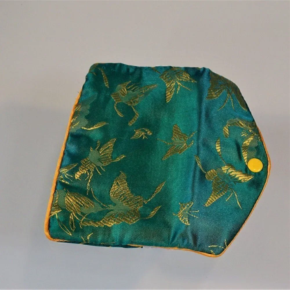 Vintage Yik Fun Jewelry Pouch Chinese Brocade Snap Button Zipper Blue Yellow